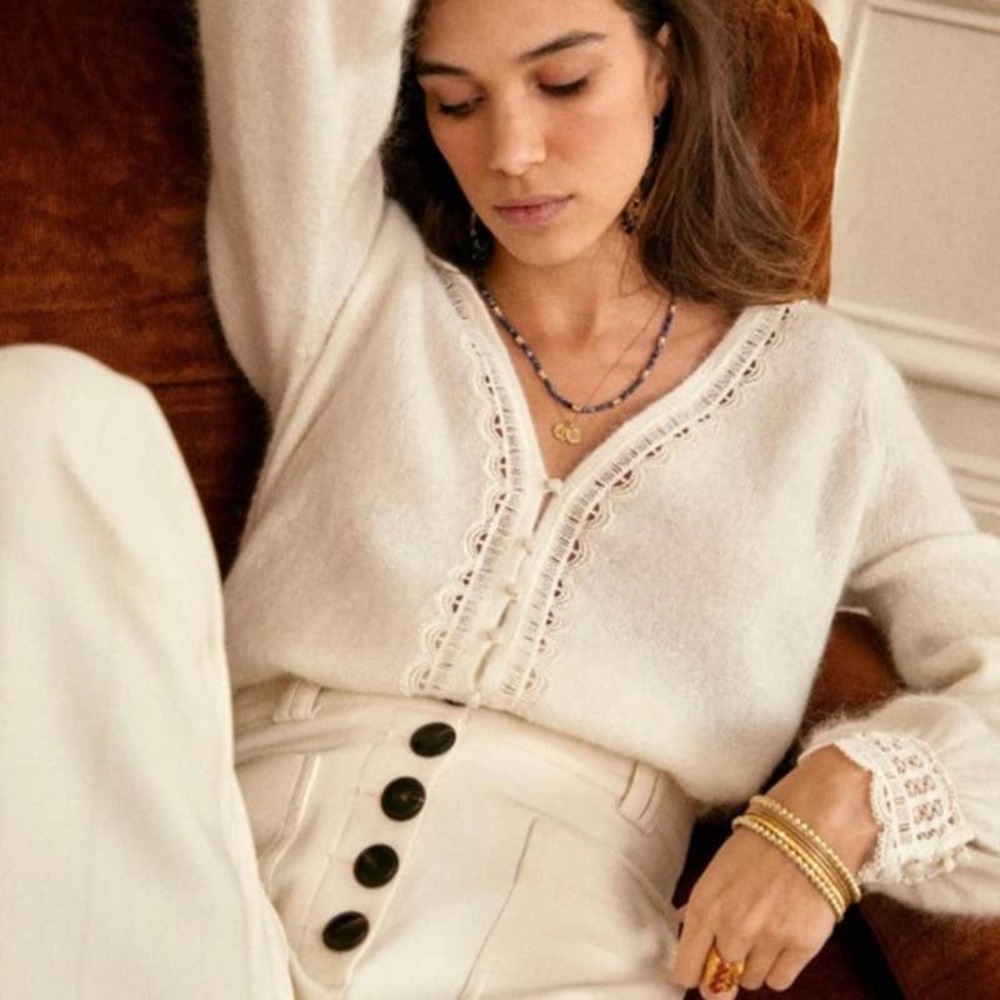 Sezane Gilet Clara Ecru Cottagecore Mohair Wool Lace Front Cardigan Small